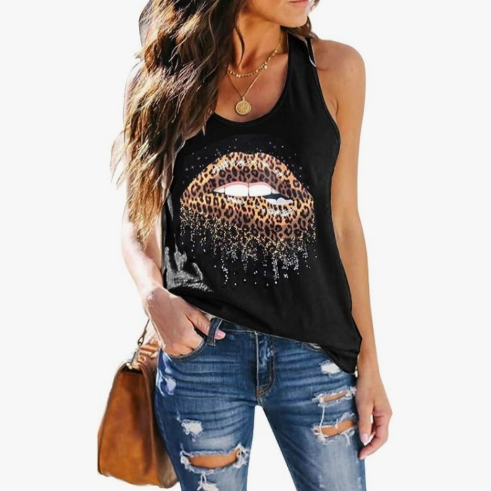 New Sleeveless Muscle Tee Lips Leopard Print Medium